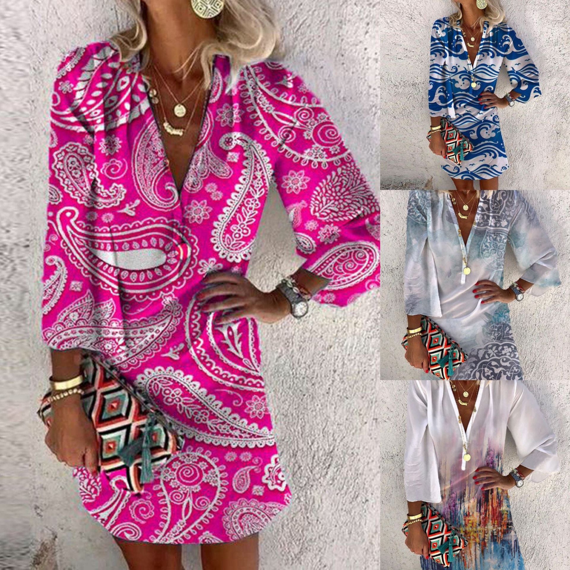 Printed mini dress collage: fuchsia and blue paisley styles, V-neck button-front