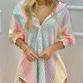 MALEA multicolor striped shirt dress with button front, V-neck and puff sleeves