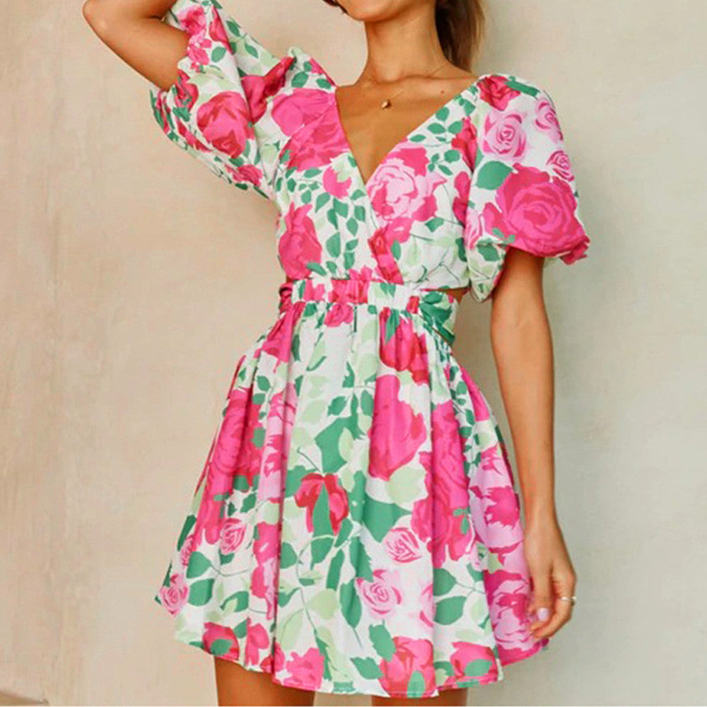 Pink rose floral casual summer dress with puff sleeves and elastic waist
