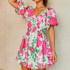 Pink rose floral casual summer dress with puff sleeves and elastic waist