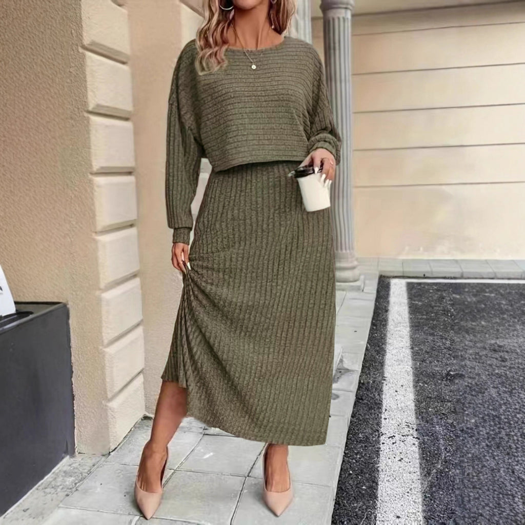 Olive green knit co-ord set featuring cropped long-sleeve top and midi pencil skirt