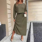 Olive green knit co-ord set featuring cropped long-sleeve top and midi pencil skirt
