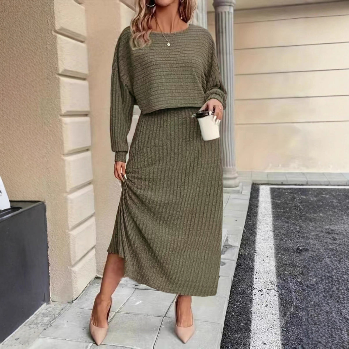 Olive green knit co-ord set featuring cropped long-sleeve top and midi pencil skirt