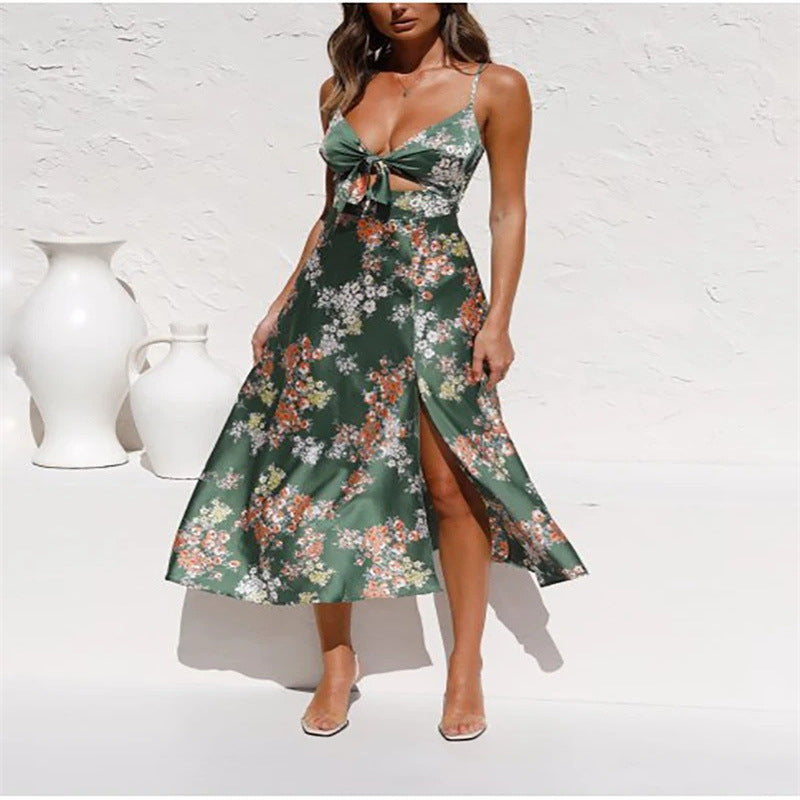 Green floral midi dress with V-neck tie bow and front slit, spaghetti straps