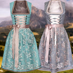 ANNA Oktoberfest dress in teal and gray with corset lacing, floral bodice and skirt