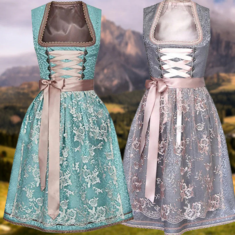 ANNA Oktoberfest dress in teal and gray with corset lacing, floral bodice and skirt