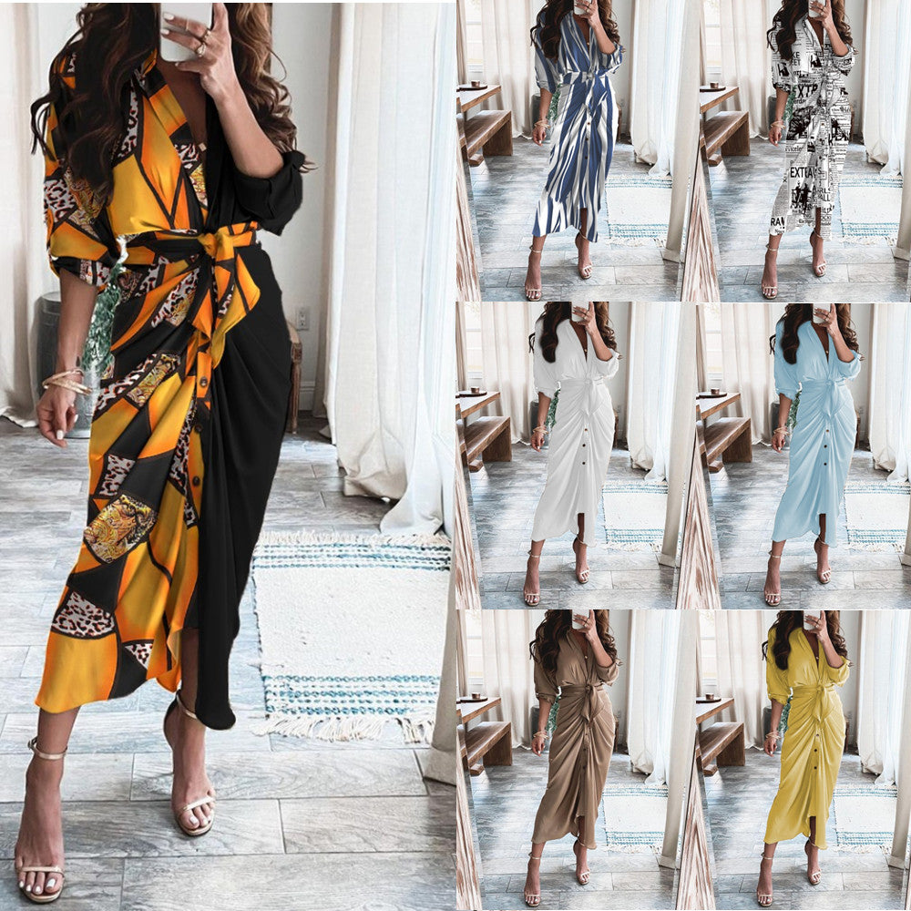 Wrap midi dress with waist tie and button front, shown in several colors