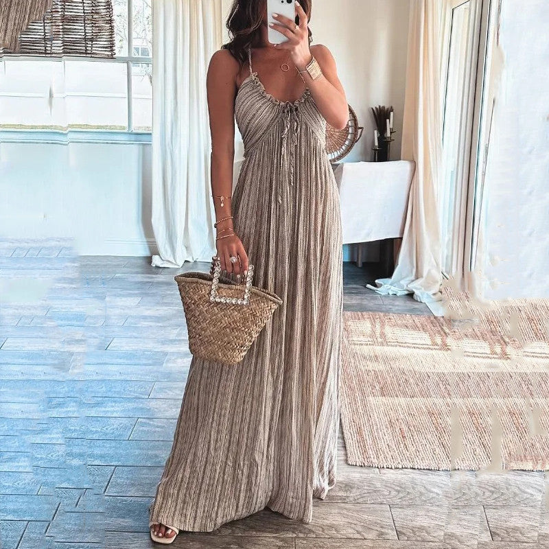 Brown striped maxi dress with thin straps and ruched bust, braided trim