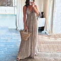 Brown striped maxi dress with thin straps and ruched bust, braided trim