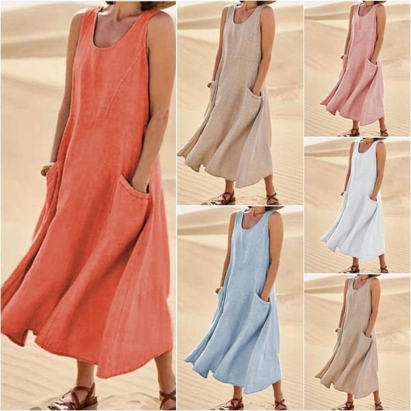 Sleeveless long summer dress in multiple colors, with side pocket and swing hem