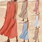 Sleeveless long summer dress in multiple colors, with side pocket and swing hem
