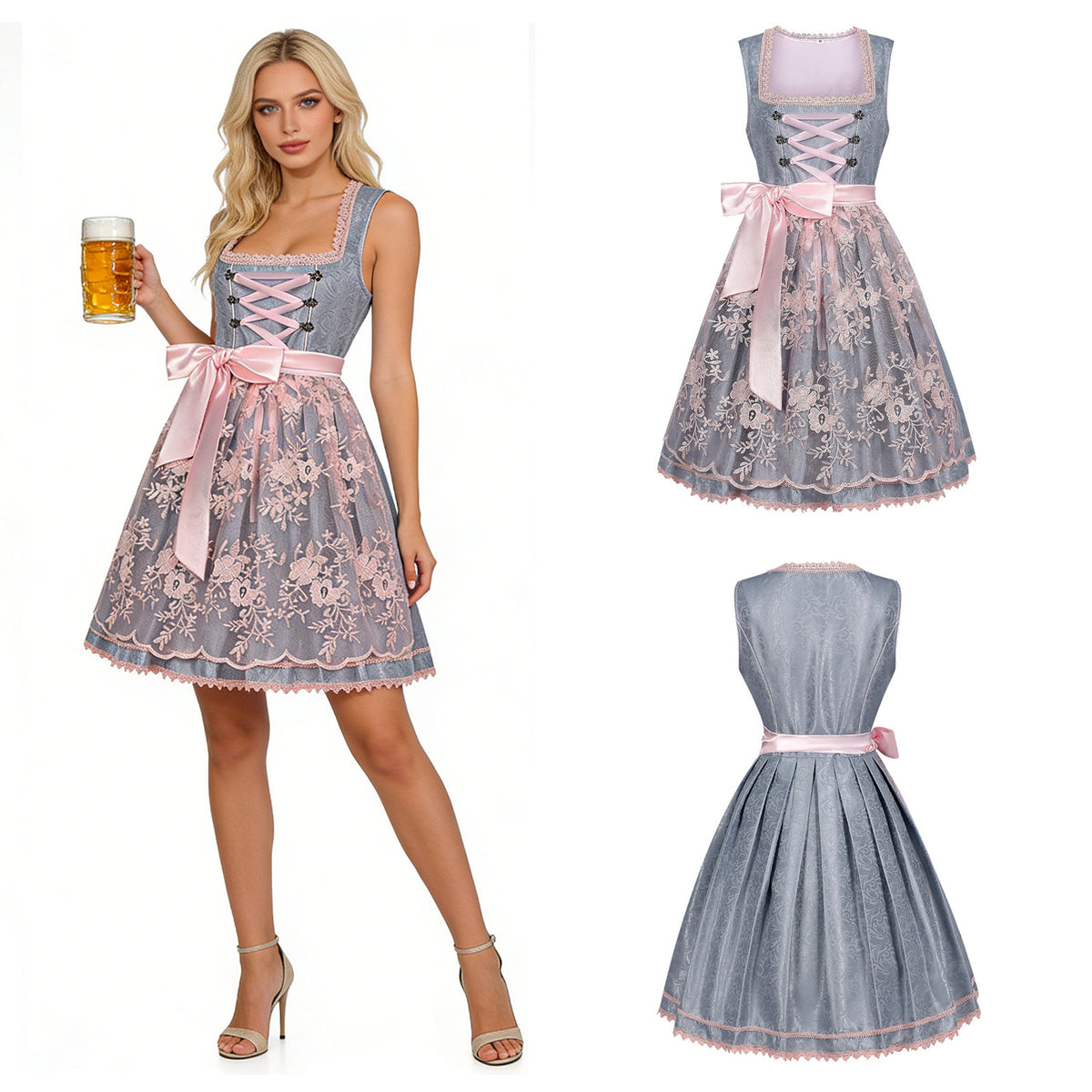 Oktoberfest dress on model with blue-gray bodice, pink ribbon lacing, and floral skirt