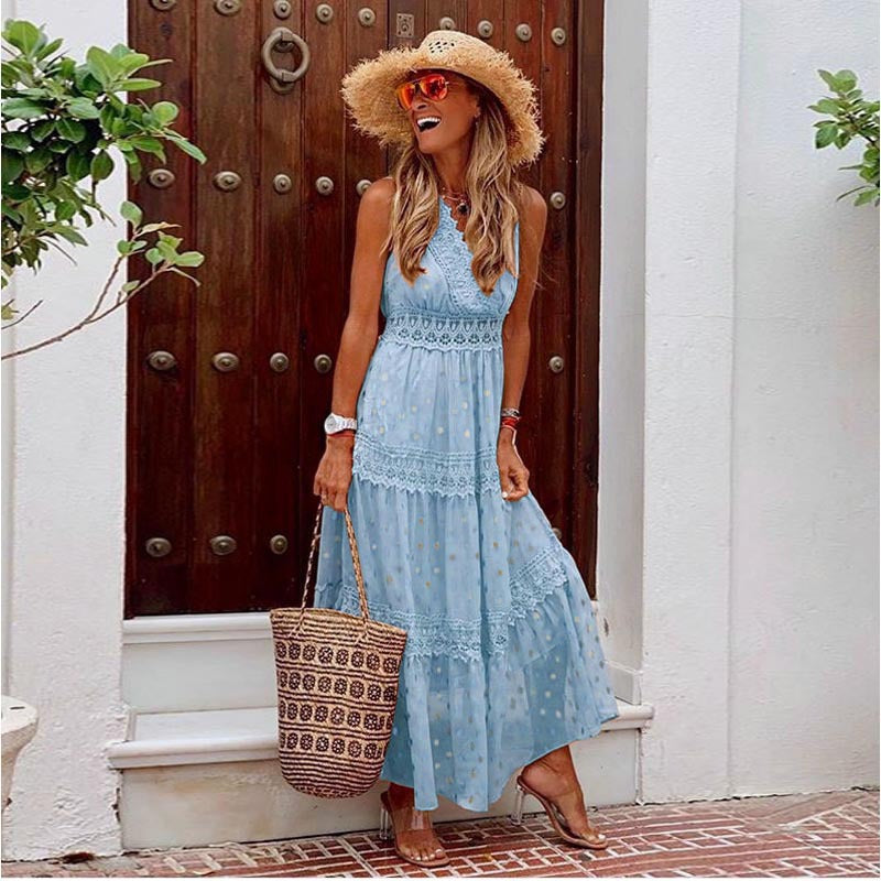 Light blue tiered maxi dress with lace trim and dotted print