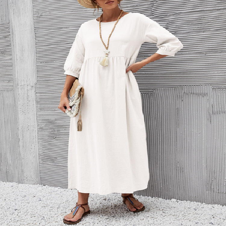 WEGAHTA long dress in white with gathered waist and 3/4 puff sleeves