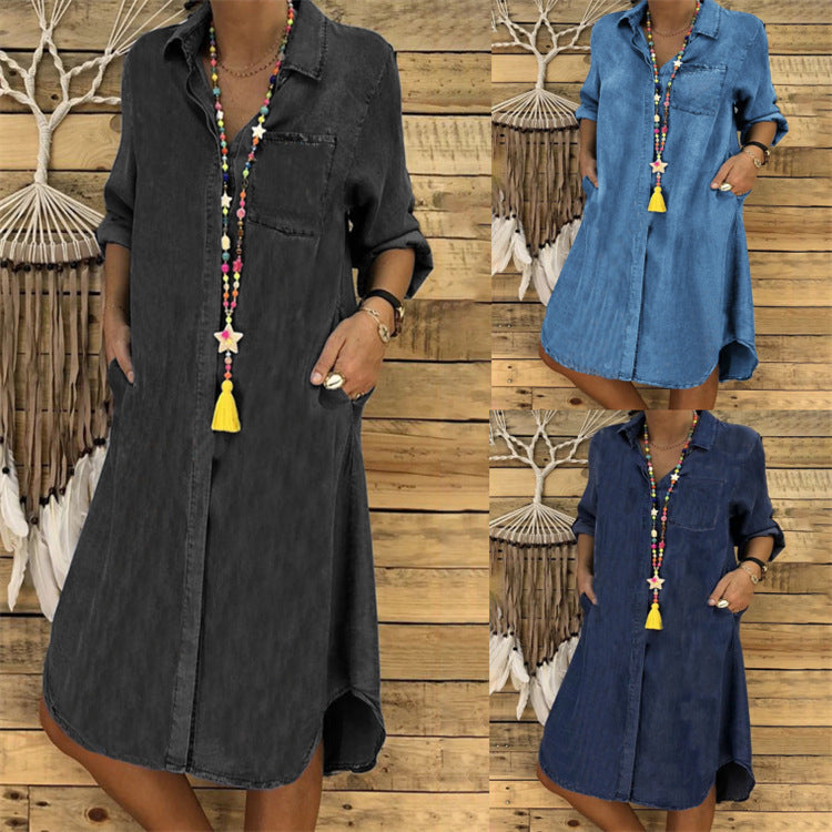 Denim shirt dress with V-neck and front buttons, shown in black and blue views