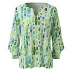 Women's printed blouse top, light green with blue and darker green abstract streaks