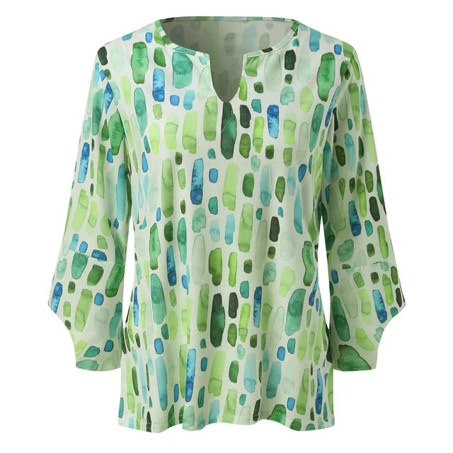 Women's printed blouse top, light green with blue and darker green abstract streaks
