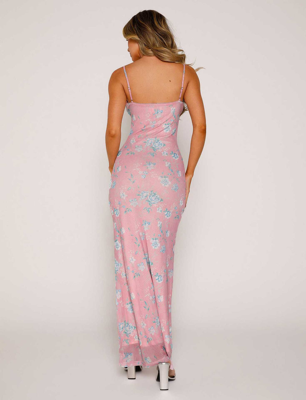 Pink floral maxi summer dress from back, spaghetti straps and open back