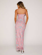 Pink floral maxi summer dress from back, spaghetti straps and open back