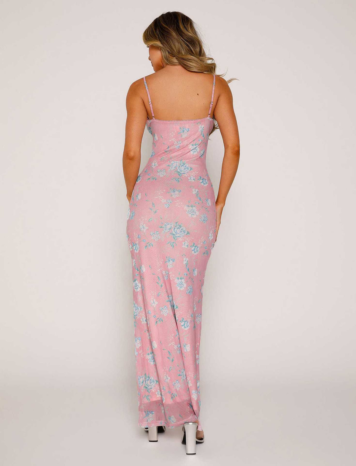 Pink floral maxi summer dress from back, spaghetti straps and open back
