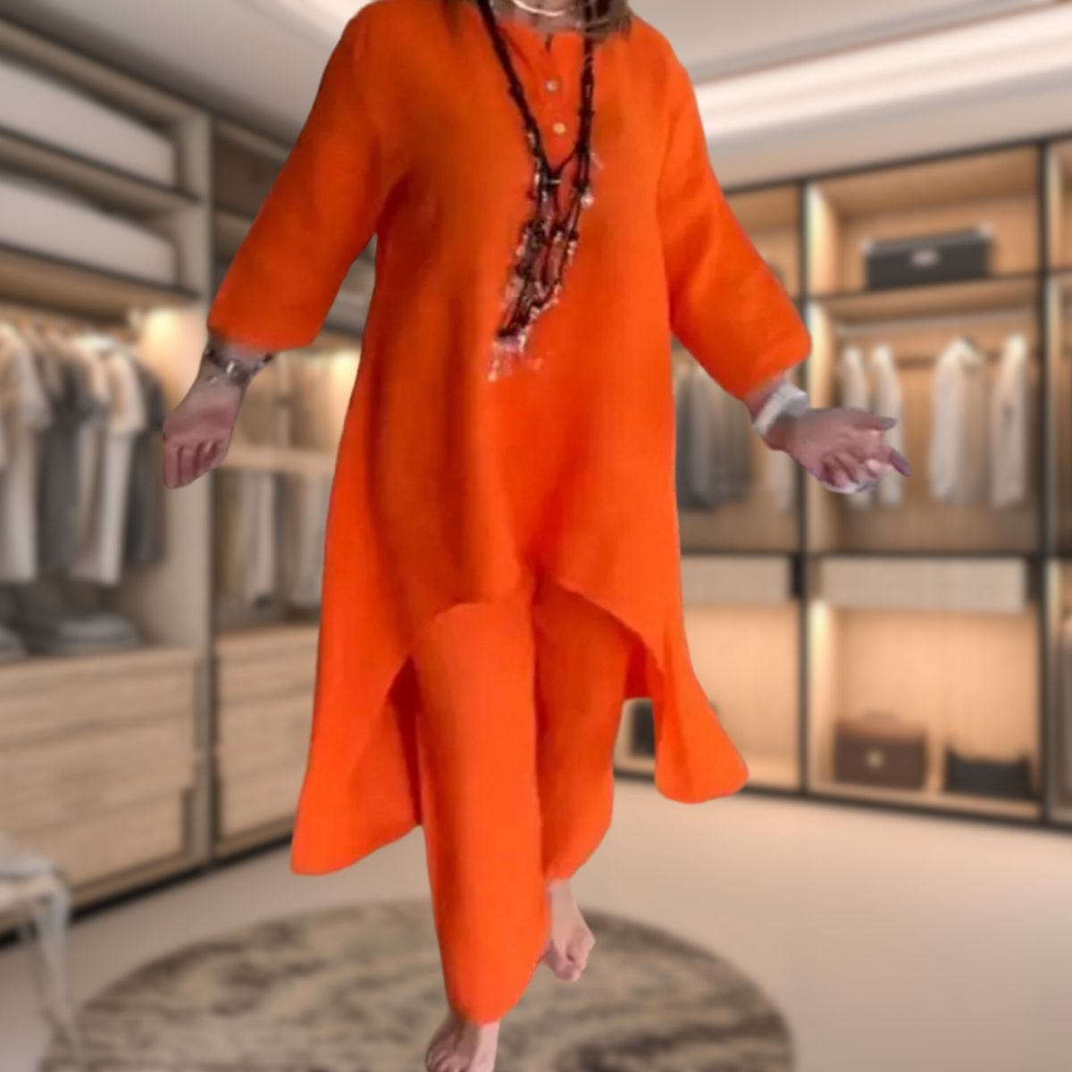 Marie™ comfortable set, orange: long tunic with side slits and loose pants.