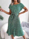 Yola™ green floral midi dress with short sleeves, round neck, and tied waist