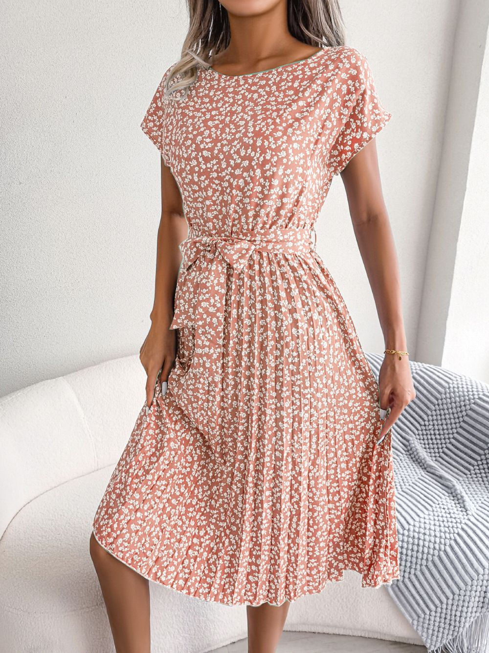Yola™ coral orange floral midi dress with short sleeves, round neck, and tied waist