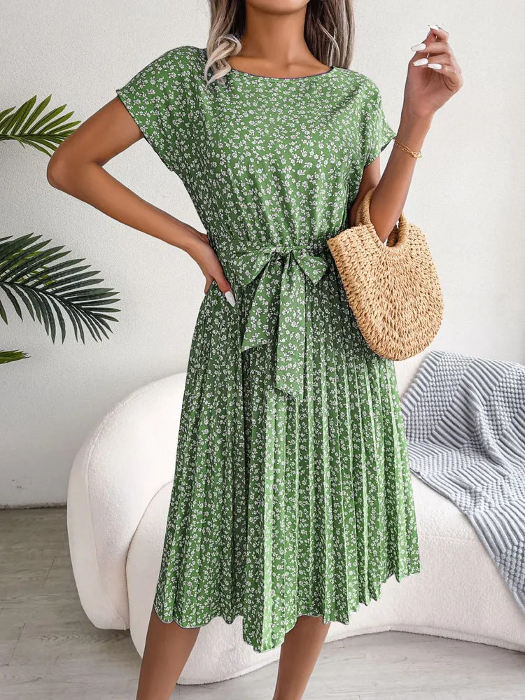 Yola™ dark green floral midi dress with short sleeves, round neck, and tied waist