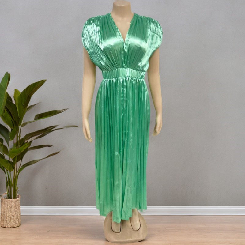 Shiny green pleated maxi dress with V-neck and gathered waist