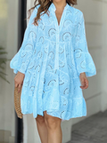 Sky blue eyelet summer dress, V-neck button-front, tiered skirt and flared sleeves