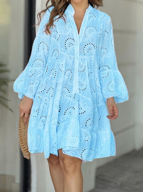 Sky blue eyelet summer dress, V-neck button-front, tiered skirt and flared sleeves