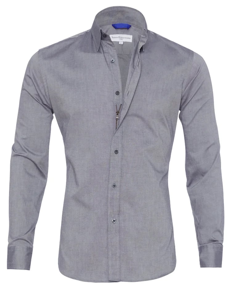 Gray zip-front button-up shirt with collar and long sleeves