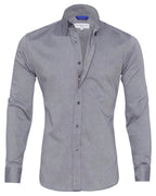 Gray zip-front button-up shirt with collar and long sleeves