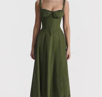 Dark green mid-length dress with spaghetti straps, ruched bust, and full skirt
