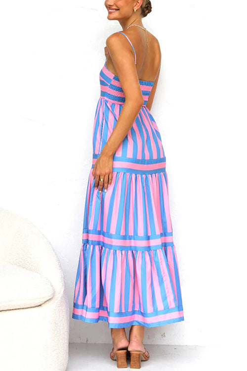 Pink and blue striped tiered maxi dress, open back with spaghetti straps