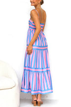 Pink and blue striped tiered maxi dress, open back with spaghetti straps
