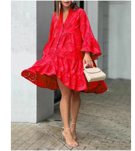 Red eyelet summer dress with V-neck button-front, tiered hem and flared sleeves
