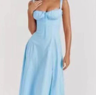 Light blue mid-length dress with spaghetti straps and gathered fitted bodice