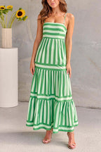Green striped tiered maxi dress with spaghetti straps and tiered skirt