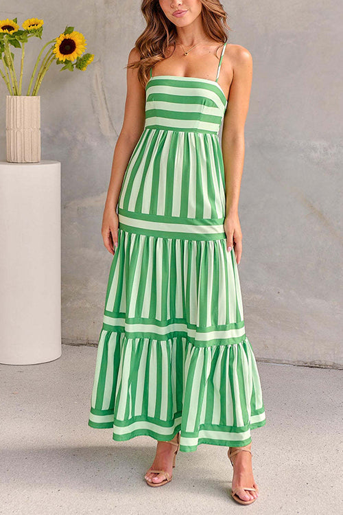 Green striped tiered maxi dress with spaghetti straps and tiered skirt
