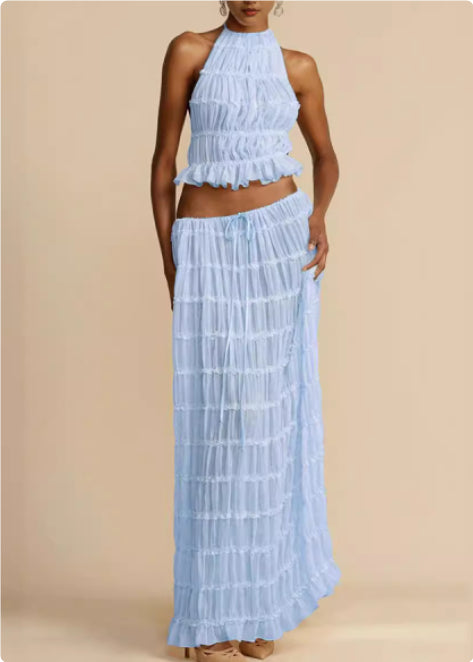Light blue tiered halter crop top and layered maxi skirt set