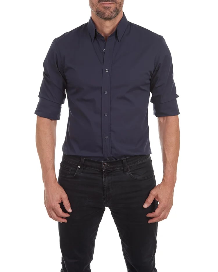 Navy zip-front button-up shirt with short sleeves and front buttons