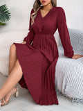 Wine red pleated midi dress with V-neck lace trim, long sleeves, gathered waist