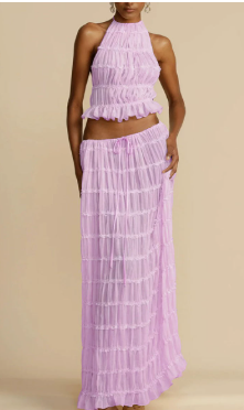 Light purple tiered halter crop top and layered maxi skirt set