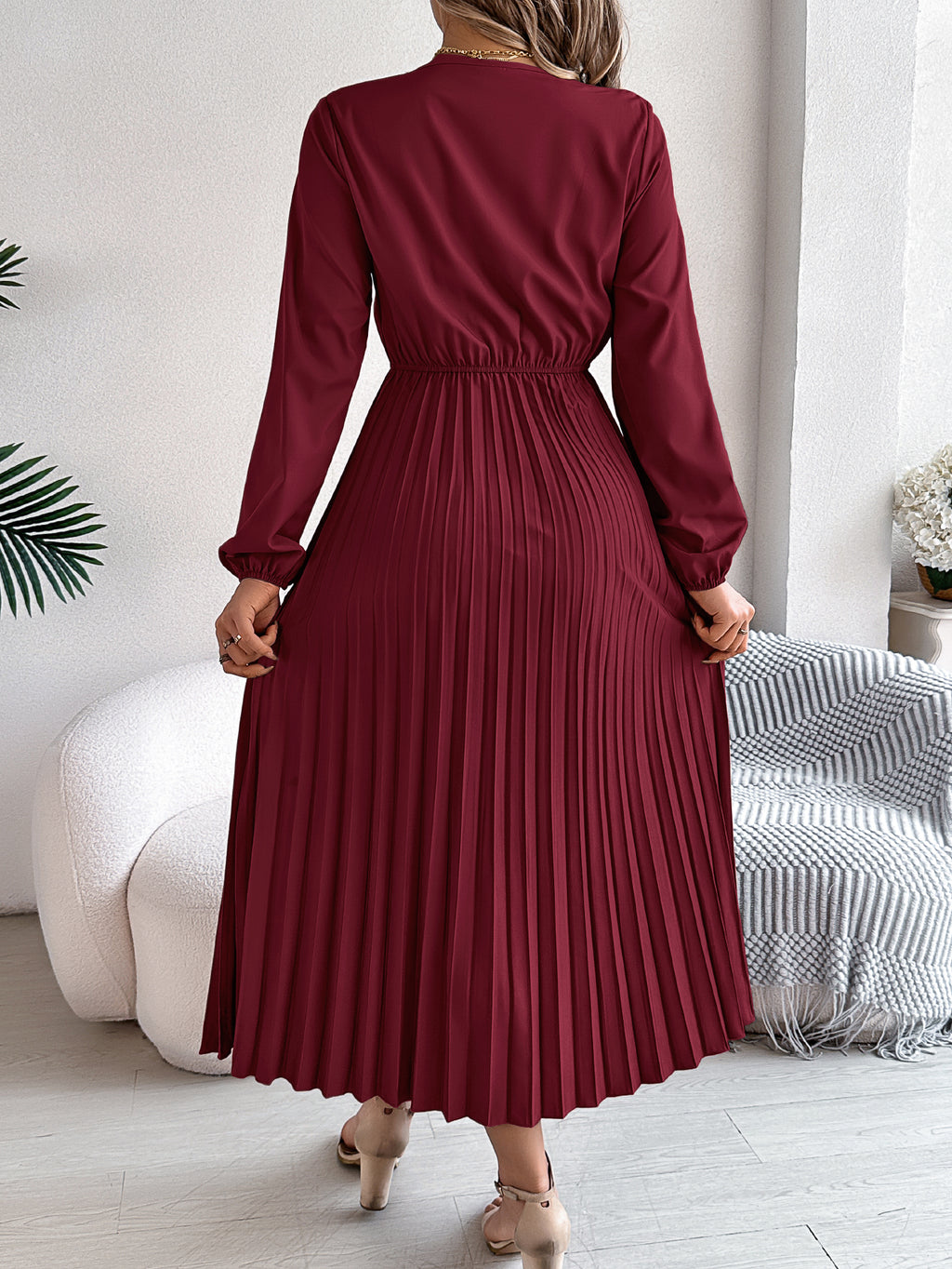 Wine red pleated midi dress with V-neck lace trim and long sleeves, gathered waist