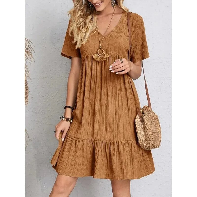 Nanna™ V-neck tiered dress, brown short sleeves with tiered hem