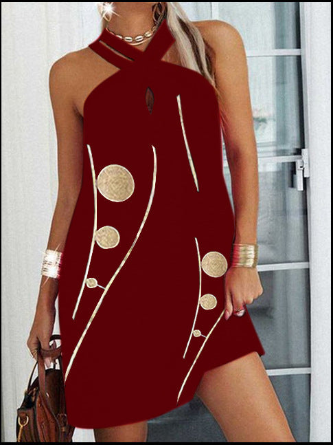 Wine red halter mini dress with gold swirl and coin embellishments, sleeveless