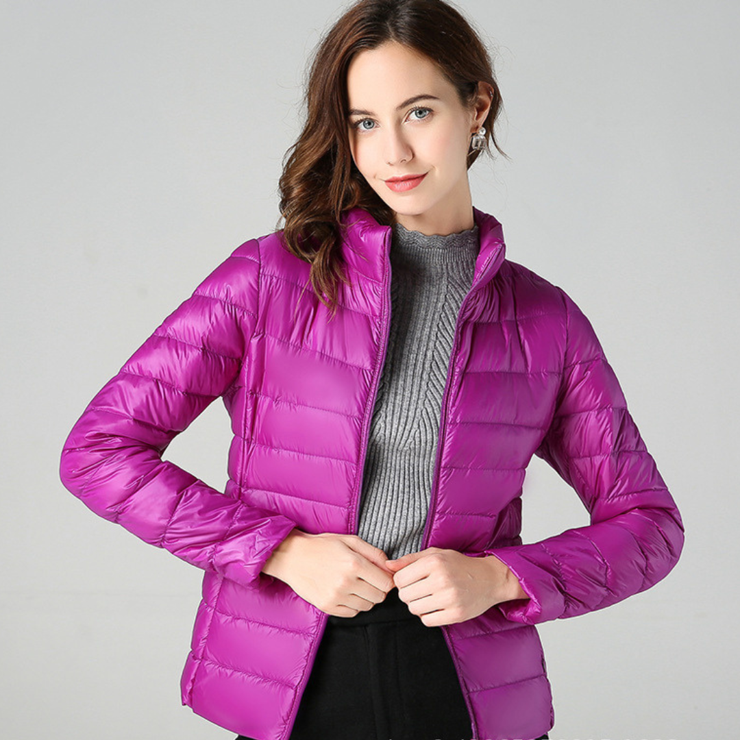 Purple padded spring jacket with full zipper and stand collar