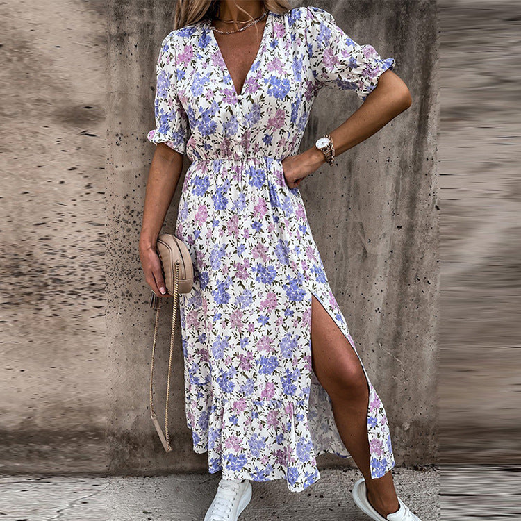 Floral maxi dress with V-neck, short puff sleeves, and front side slit