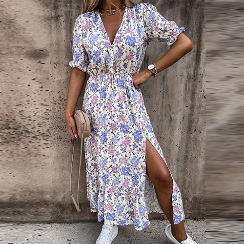 Floral maxi dress with V-neck, short puff sleeves, and front side slit